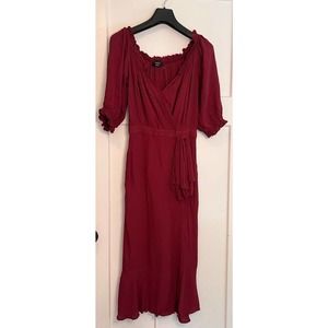Vici Womens Faux Wrap Dress Burgundy Pleated Midi Short Sleeve Ruffle Surplice S